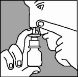 Gently blow your nose to clear your nostrils. Close 1 nostril. Tilt your head forward slightly and, keeping the bottle upright, carefully insert the nasal applicator into the other nostril.