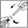 Grasp the plunger rod as shown in the picture below. Do not touch the shaft of the plunger rod. Attach the threaded end of the plunger rod to the diluent syringe plunger by pushing and turning firmly.