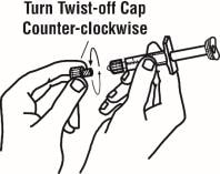 Remove the twist-off cap from the prefilled diluent syringe by turning counter-clockwise image.