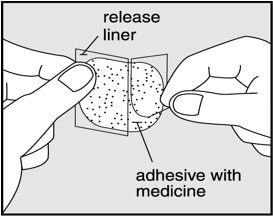 Hold the patch with the release liner facing you and gently peel half of the release liner off the patch and throw it away. 