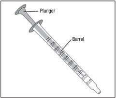 Image of oral dispenser - plunger, barrel and milliliter markings.