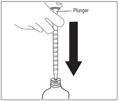 Push the plunger of the oral dispenser all the way down. Insert the oral dispenser into the bottle adapter.