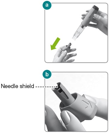 Hold the Rebidose® by the injector body (fig a ) and pull off the needle cap. Look inside the needle cap to make sure you see a black needle shield inside the cap (fig b ). Dispose of the needle cap and proceed to the injection step without delay.