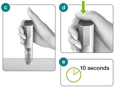 Hold the Rebidose autoinjector in your palm with thumb above the button. Place it upright with the needle end flat against the skin at a 90 degree angle and administer dose.