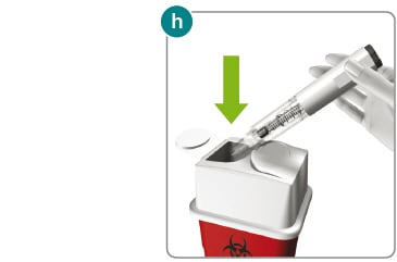 Disposing of Rebidose autoinjector in sharps disposal container.