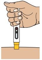 Place the Zembrace SymTouch autoinjector straight on your injection site (90 degrees) with the Yellow Needle Guard end gently pressed against your skin.