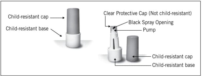 Zolpimist oral spray image with child-resistant cap and base. A clear protective cap that is not child resistant sits over the black spray opening and pump.