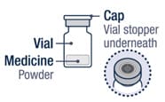 Voxzogo vial with powder medicine and cap with vial stopper underneath.