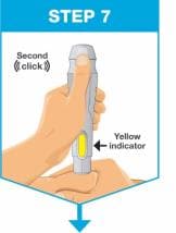 Keep pressing the Skyrizi pen against the injection site until your hear a second click and the yellow indicator has filled the inspection window.