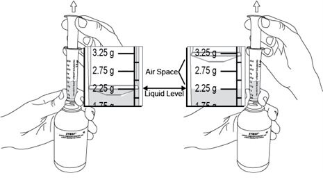 Figure F shows an example of drawing up a 2.25 g dose of Xywav. Figure G shows an example if an air space forms when drawing up the medicine.