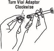 Once the twist-off cap is removed, pick up the vial adapter with your free-hand. Twist the vial adapter onto the syringe, turning clockwise until you feel a slight resistance image.