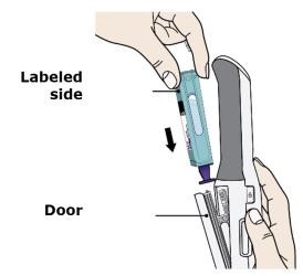 Hold Enbrel Mini with the label facing outwards and the purple cap facing down image.