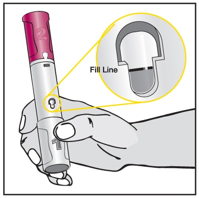 Make sure the amount of liquid in the Pen is at the fill line or close to the fill line seen through the window. This is the full dose of Humira that you will inject.