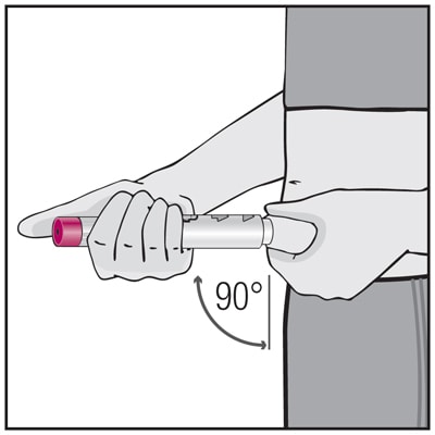 Place the white end of the Pen straight (at a 90º angle) and flat against the raised area of your skin that you are squeezing. Place the Pen so that it will not inject the needle into your fingers that are holding the raised skin.
