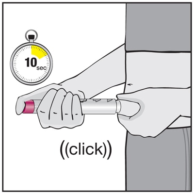 With your index finger or your thumb, press the plum-colored activator button to begin the injection. Try not to cover the window. 