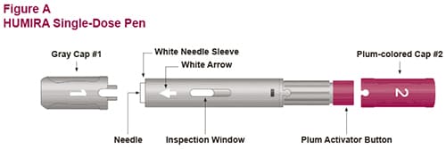 Humira single-dose pen image including gray cap #1, needle, white needle sleeve, white arrow, inspection window, plum activator button and plum-colored cap #2.