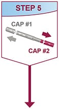 Pull the gray cap #1 and the plum-colored cap #2 straight off. Throw the caps away and turn the pen so that the white arrow points towards the injection site.