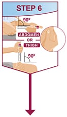 Squeeze the skin at the injection site and hold firmly with white arrow pointing towards that site. Place the white needle sleeve at a 90 degree angle against the injection site. Hold the pen so you can see the inspection window.