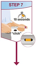 Push the Pen against the injection site and press the plum activator button and count slowly for 10 seconds. A loud "click" will sound when the injection begins and the yellow indicator will stop moving when the injection is complete.