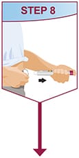 When the injection is completed, slowly pull the Pen from the skin. The white needle sleeve will cover the needle tip.
