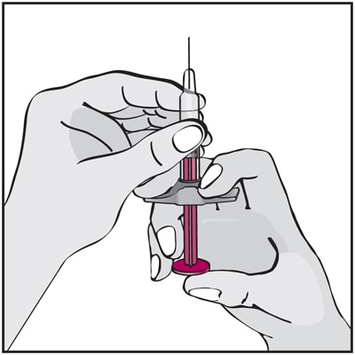 Turn the syringe so the needle is facing up and hold the syringe at eye level with one hand so you can see the air in the syringe. Using your other hand, slowly push the plunger in to push the air out through the needle.