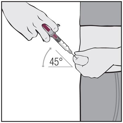  Using a quick, dart-like motion, insert the needle into the squeezed skin at about a 45-degree angle. 