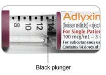 Black plunger in burgundy 20 mcg Adlyxin Pen moves along the dose scale as shown.