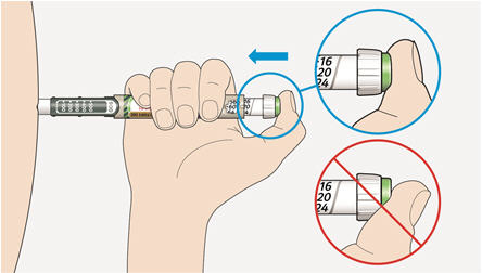 Place your thumb on the injection button. Then press all the way in and hold.