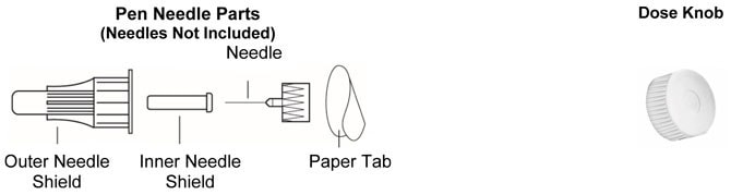 Image of Basaglar Tempo Pen needle parts including outer needle shield, inner needle shield, needle and paper tab, plus light grey dose knob.
