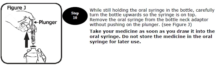 Step 10. Continue to hold the syringe in the bottle and turn the bottle upwards. Remove the syringe from the bottle when the bottle is upright. Do no push on the plunger. Once the syringe is out of the bottle take Versacloz oral suspension right away.