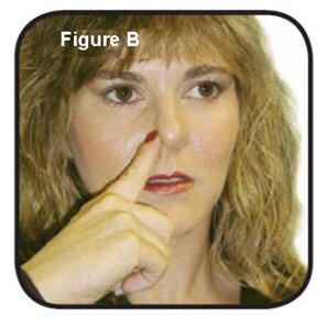 With your head in an upright position, gently close one nostril with your index finger and breath out gently through your mouth.