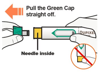 Pull the green cap straight off your Dupixent pre-filled pen to reveal needle inside.