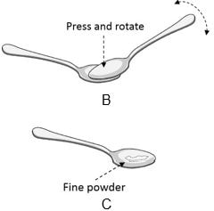 Place a second teaspoon on top of the teaspoon holding the tablet. Apply light pressure with the second teaspoon by pressing and rotating the two teaspoons against each other (See Figure B) until the tablet is crushed to a fine powder (See Figure C).
