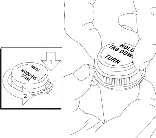 Open the pharmacy containers that come with Xyrem oral solution by holding the tab under the cap and turning counterclockwise - to the left.