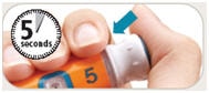 Use thumb to firmly push injection button in until it stops. Continue holding in the injection button while slowly counting to 5 to get a full dose.
