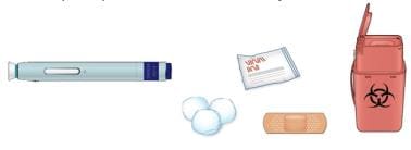 Gather new autoinjector, alcohol wipes, cotton balls, adhesive bandage, sharps container on a clean, well-lit surface image.