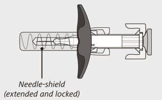 Enspryng prefilled syringe with needle-shield (extended and locked).