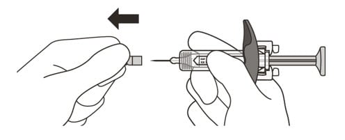  Hold the barrel of the syringe between your thumb and index finger. With your other hand, pull the needle cap straight off. 