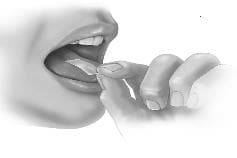 Place Sympazan on the top of the tongue. It will stick and begin to dissolve.