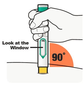 Hold the Dupixent pre-filled pen so that you can see the window on the pen. Place the yellow needle cover on your skin and hold the pen at a 90-degree angle.