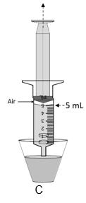 Draw up 5 mL of room temperature water into the oral syringe. There may be some air in the oral syringe. Leave the air in the oral syringe.