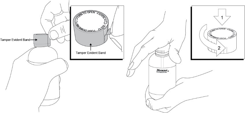 Remove the tamper evident band by pulling at the perforations and then remove the child-resistant bottle cap from the Xywav bottle by pushing down while turning the cap counterclockwise. 
