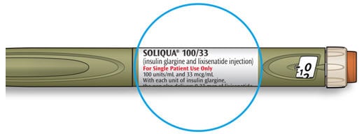 Image showing name and expiration date on Soliqua pen.