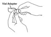 Open the wrapper that contains the vial adapter by peeling apart the tabs and set the vial adapter aside for later use. Do not touch the vial adapter's twist-on end or the spike inside image.