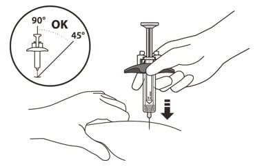 Hold the barrel of the syringe using your thumb and index finger. With your other hand, pinch the area of skin you have cleaned. Use a quick, dart-like motion to insert the needle at an angle between 45° to 90°. 