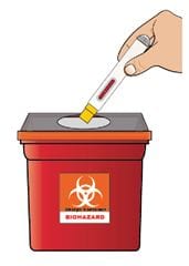 Sharps container for disposal of Zembrace SymTouch autoinjector.