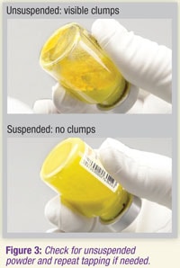 Check for unsuspended powder and repeat tapping if required.