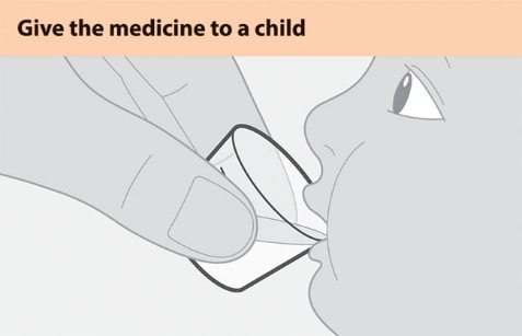 Make sure the child is upright when they drink the medicine. When they have finished add another 5mL of water to the cup, swirl and give that to the child too. Repeat until full dose is gone.