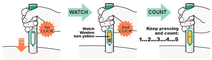 Press down on the pen, watch the window turn fully yellow and then count to 5 while holding the pen in place.