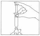 Position the needle of the syringe of water in a straight, upright position over the marked center circle of the rubber stopper on the vial of Gonal-f Multi-Dose powder.